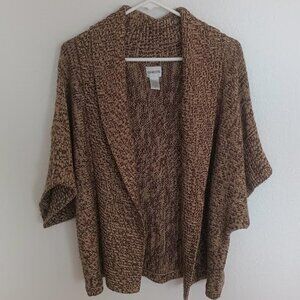 CHICO'S BROWN AND GOLD METALLIC OPEN FRONT DROP SLEEVE CARDIGAN SIZE 2